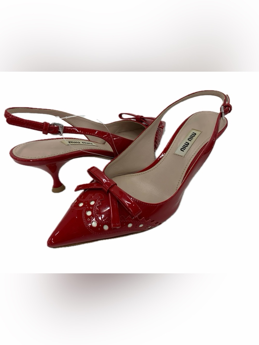 Miu Miu Red Patent Leather Pointed Toe Bow Slingback Heels